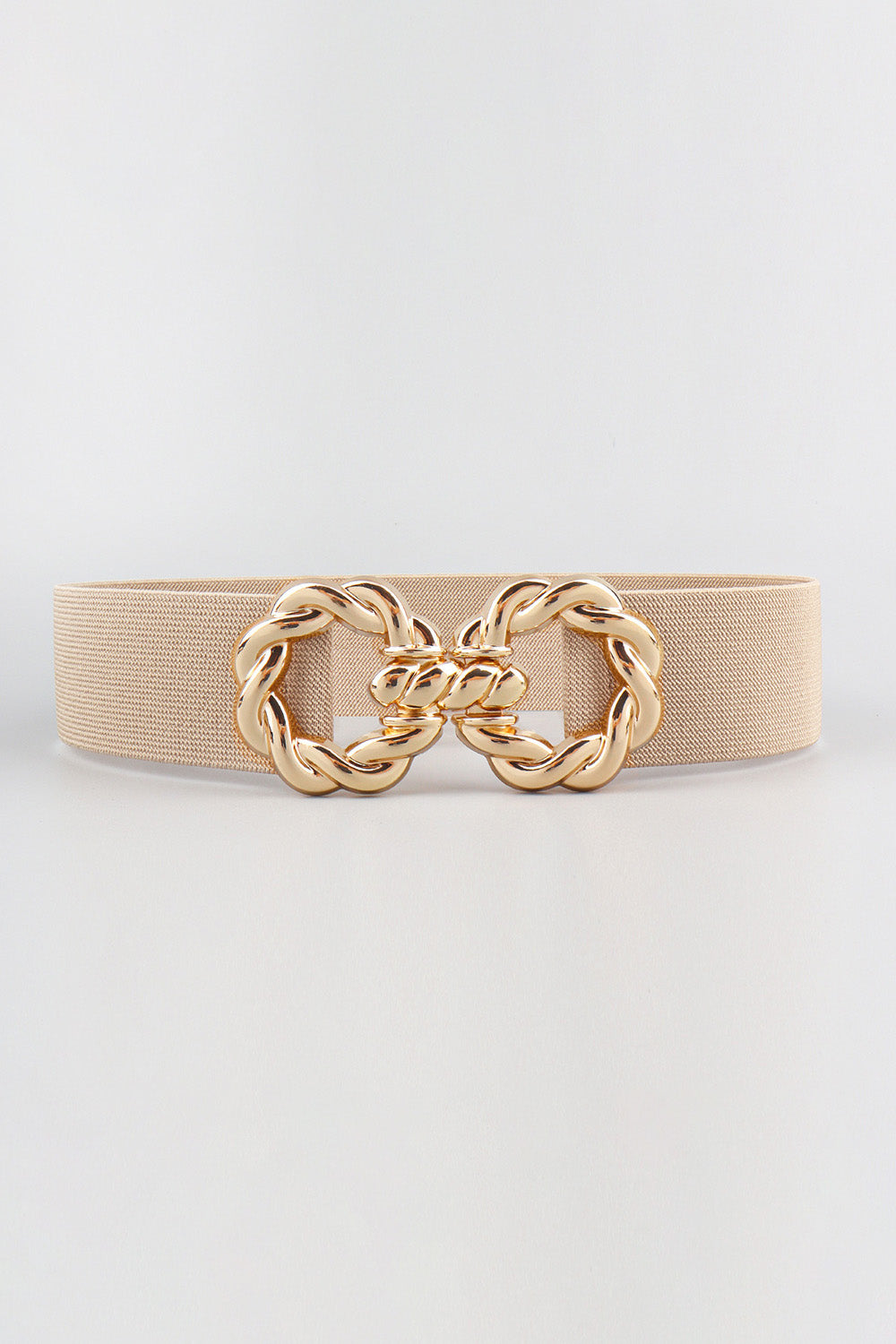 A 2-inch beige elastic belt features a polished gold-tone zinc alloy buckle with ornate interlocking curves and a sleek, waist-defining silhouette.