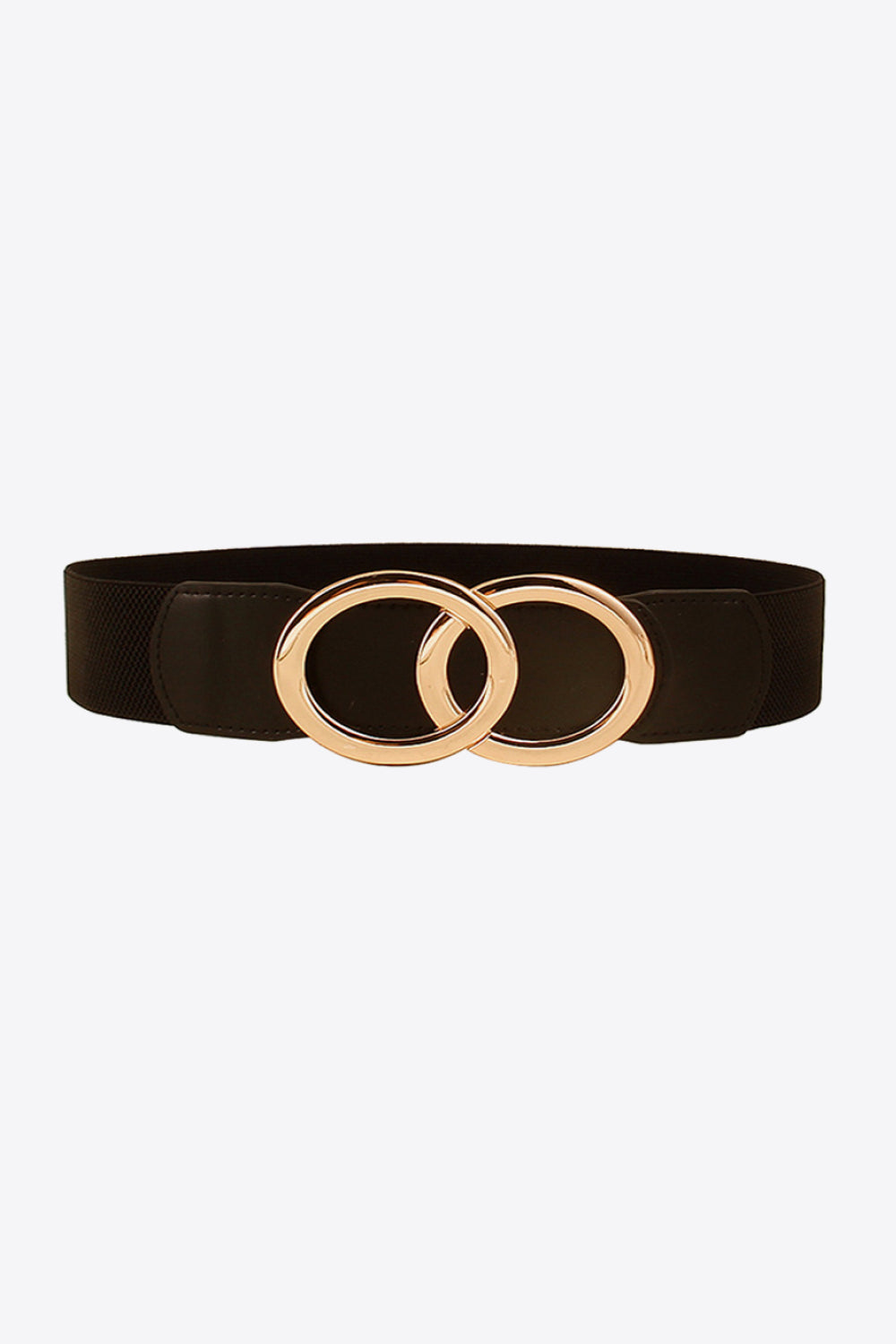 Black 2-inch elastic PU belt featuring smooth structured panels and a sculptural gold-tone zinc alloy double-ring buckle.