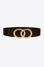 Black 2-inch elastic PU belt featuring smooth structured panels and a sculptural gold-tone zinc alloy double-ring buckle.