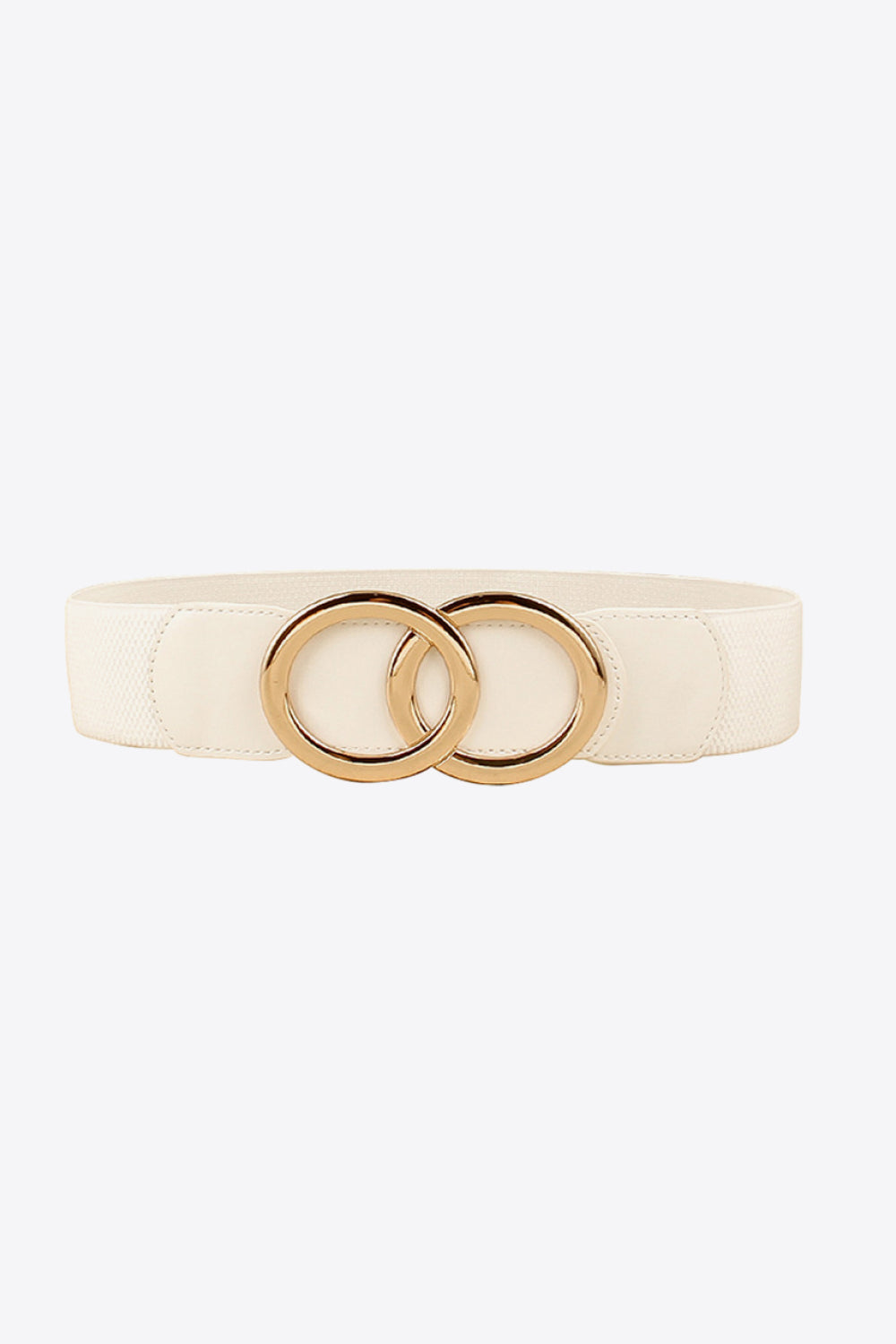 A wide ivory elastic PU belt features smooth stitched panels and a polished gold-tone zinc alloy buckle with an overlapping double-ring design.