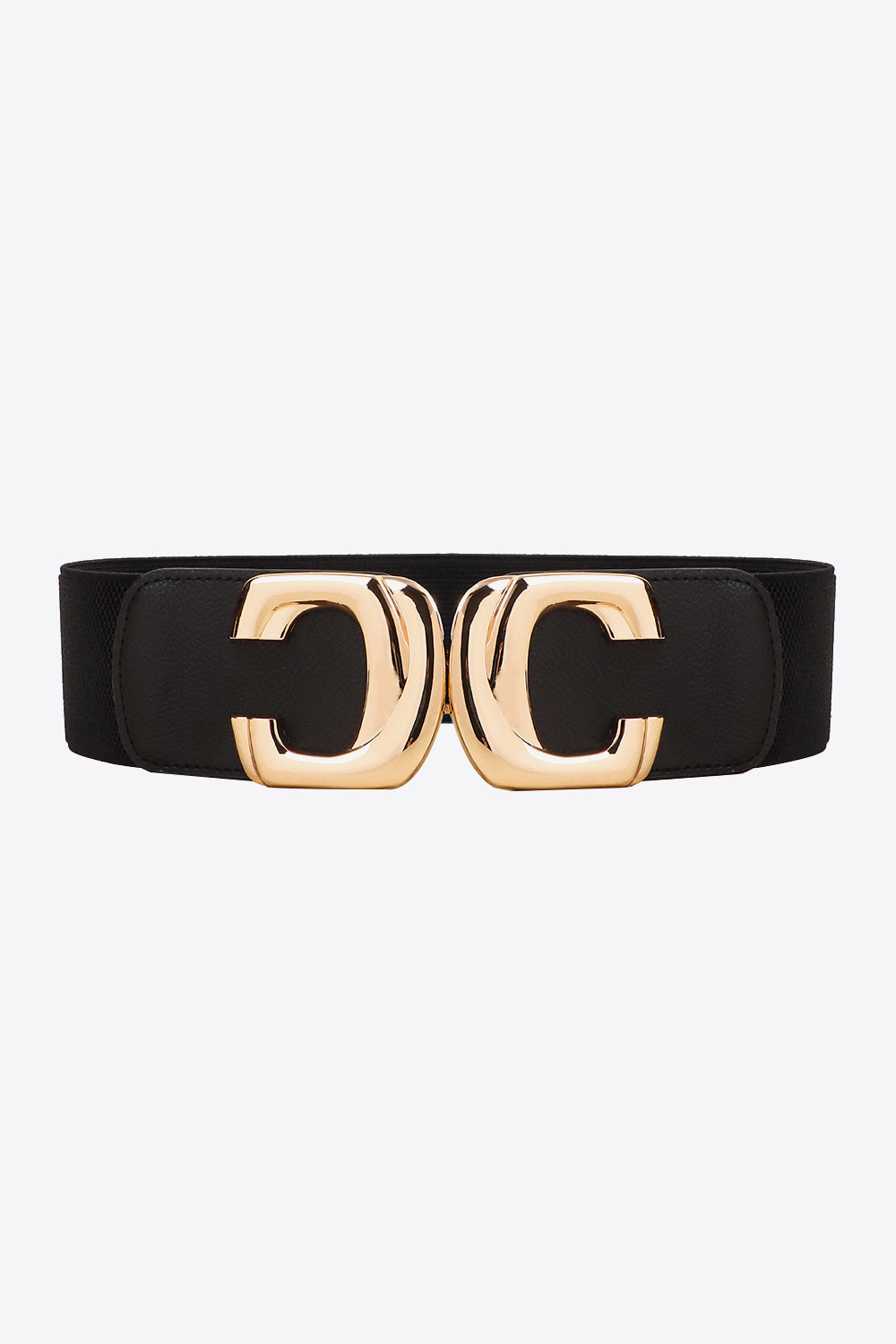 Black wide elastic belt with a structured PU profile and polished gold-tone zinc alloy double-loop buckle creating a bold statement at the waist.
