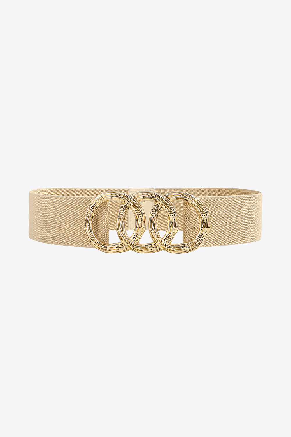 A wide beige elastic belt features a structured waist silhouette and a statement zinc alloy buckle with three interlocking rings.