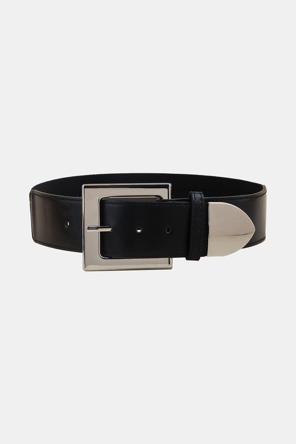 Wide black PU leather belt with a polished zinc alloy buckle, visible adjustment holes, stitched edges, and a softly rounded metal end for a structured finish.