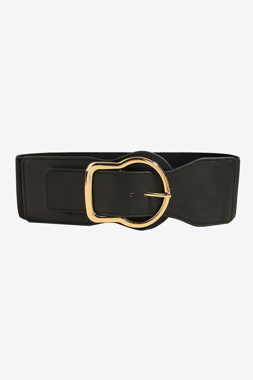 Wide black PU leather belt with a structured silhouette, stitched panel construction, and a sculptural gold-tone zinc alloy buckle.