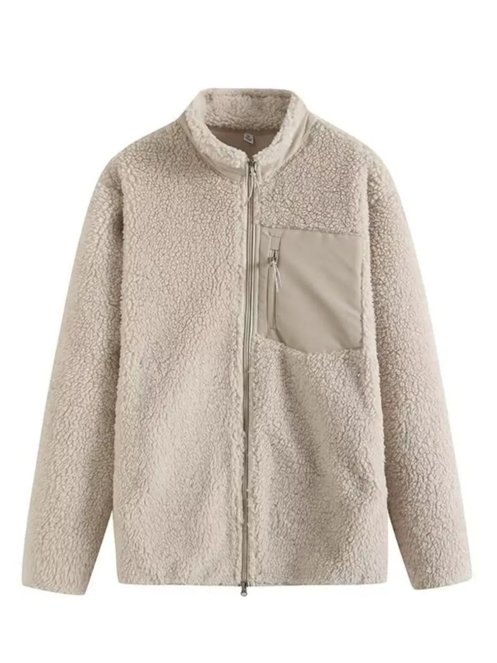 Beige plush jacket with long sleeves, a stand collar, full front zip, straight silhouette, and a contrasting zippered chest pocket.
