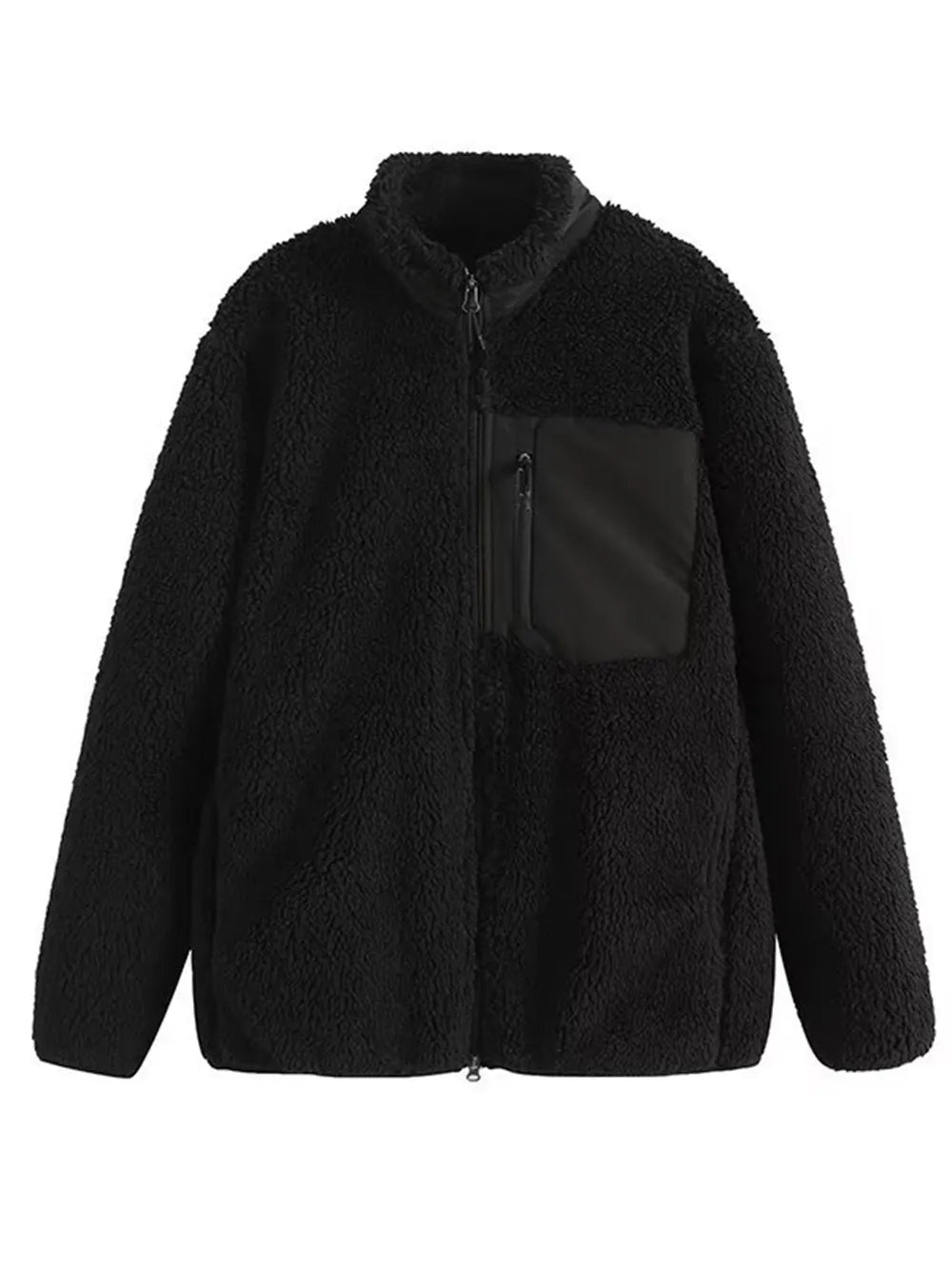 Black plush jacket with long sleeves, a full front zip, stand collar, relaxed silhouette, and a contrasting zippered chest pocket.