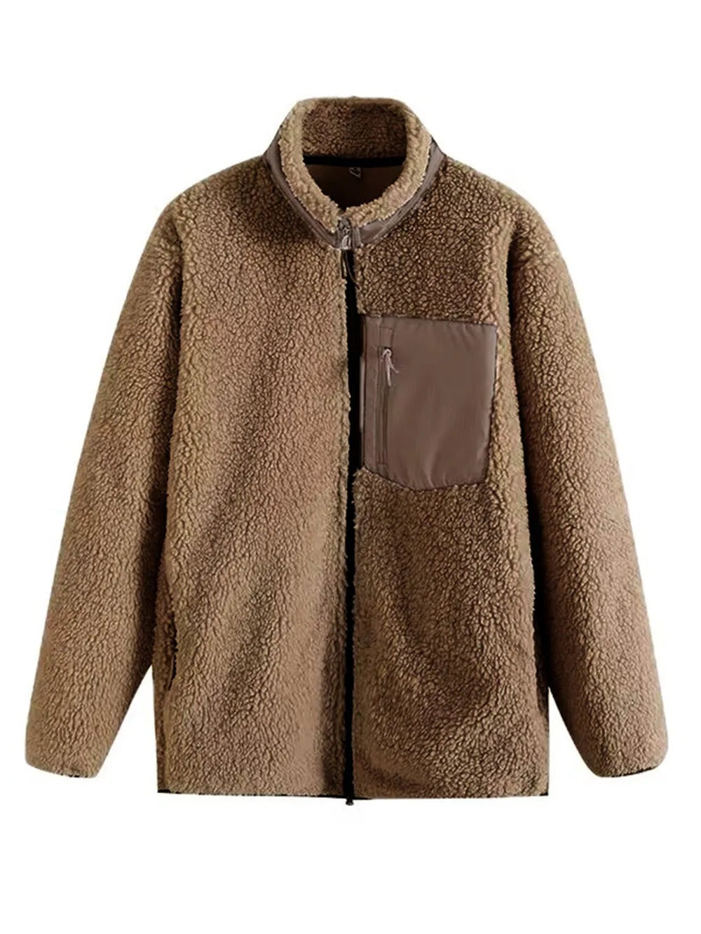 Brown plush zip-up jacket with long sleeves, a stand collar, relaxed straight silhouette, full front zipper, and a contrasting chest pocket.