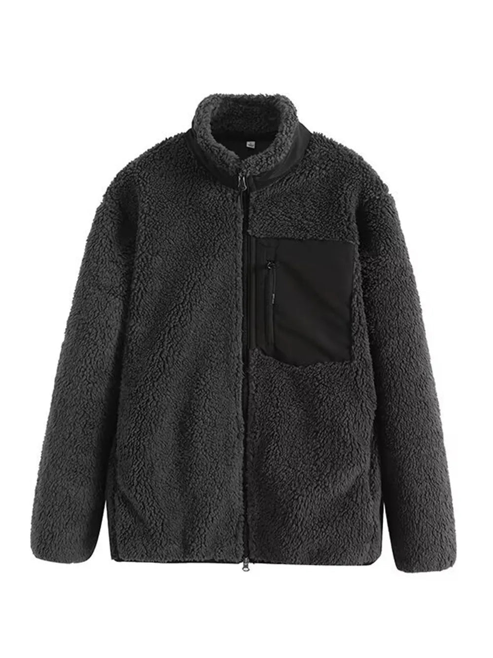 Black plush jacket with long sleeves, a full zip front, stand collar, relaxed silhouette, and contrasting zippered chest pocket.