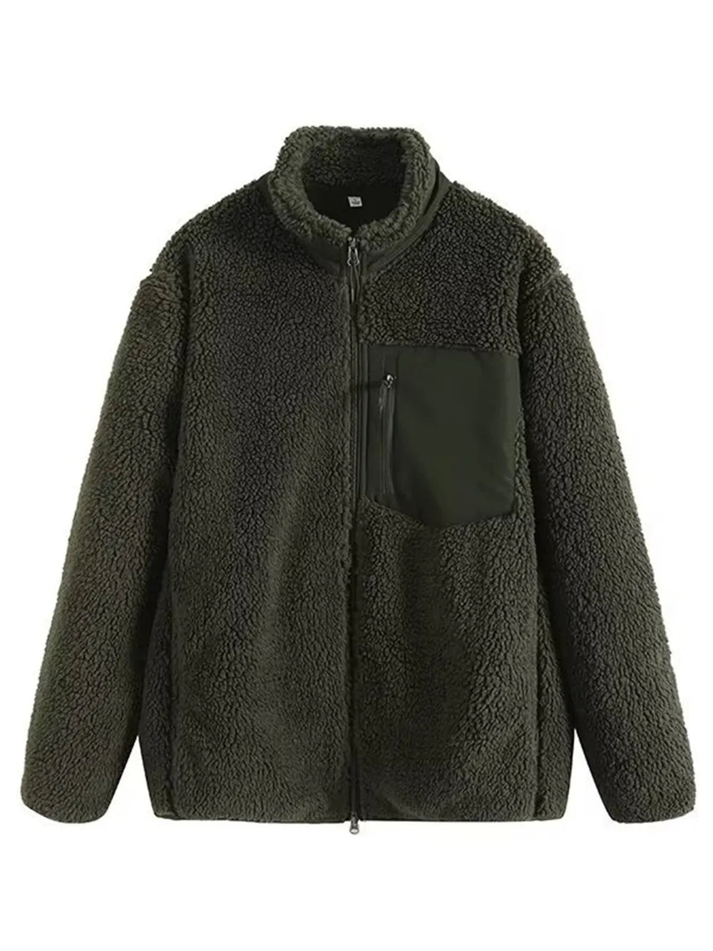 Dark olive plush jacket with long sleeves, a full front zip, high collar, relaxed silhouette, and a contrasting zippered chest pocket.