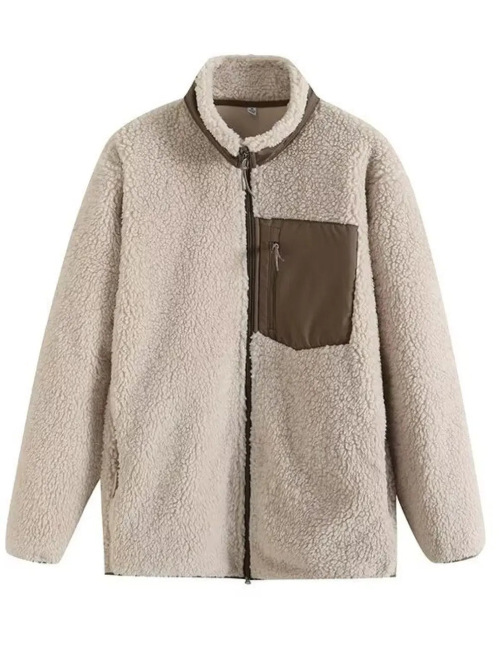 Cream zip-up long sleeve plush jacket with a stand collar, full front zipper, relaxed straight silhouette, and contrasting brown chest pocket.