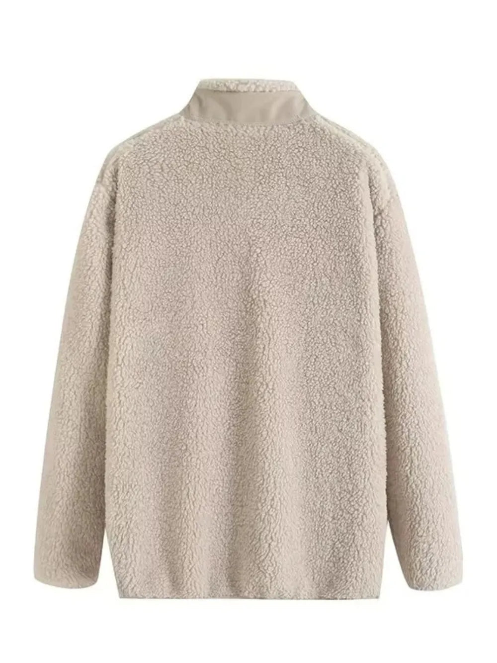 A beige plush jacket with long sleeves, a stand collar, soft textured fleece construction, and a relaxed straight silhouette.